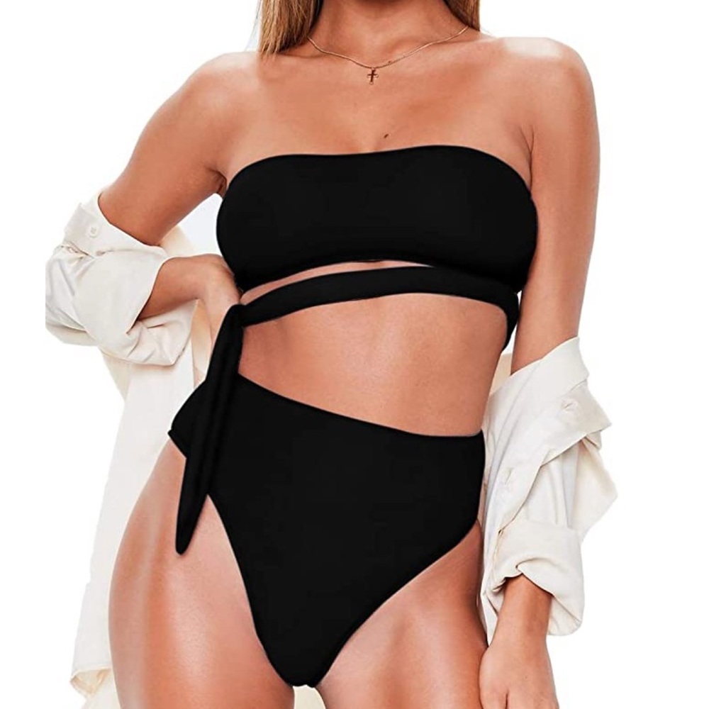 Bandeau Tie Waist Bikini Top in Black
